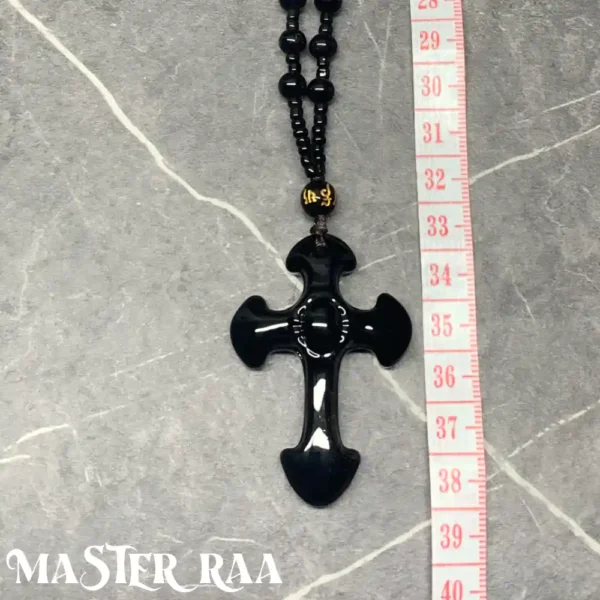 Black Onyx Cross Pendant close-up with ruler – size comparison