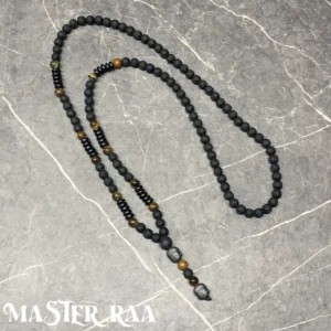 Tigers Eye & Volcanic Rock Buddha Pendant Necklace full view laid flat