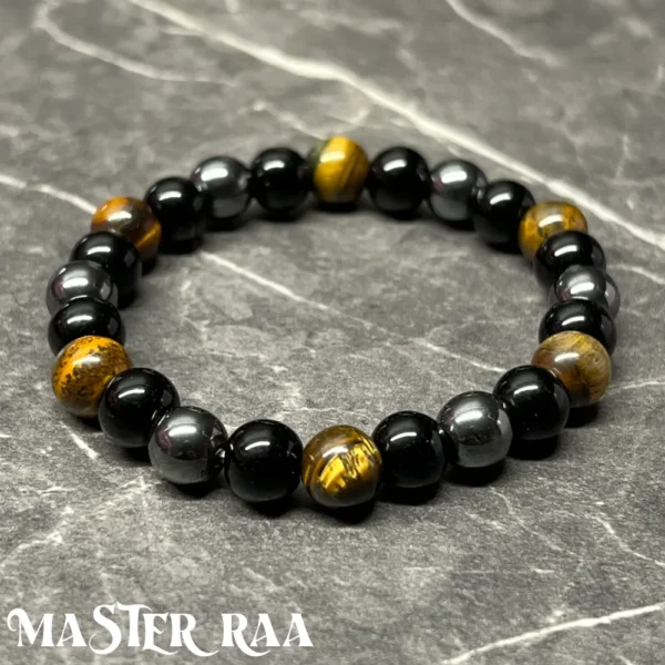Tigers Eye, Hematite, and Black Onyx 8mm crystal bracelet for focus and protection