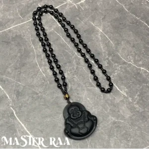 Black Onyx Buddha Pendant Necklace laid flat – main image