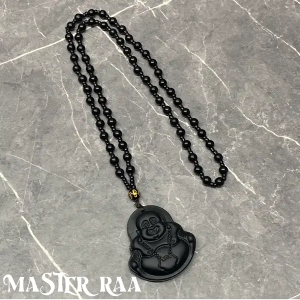 Black Onyx Buddha Pendant Necklace laid flat – main image