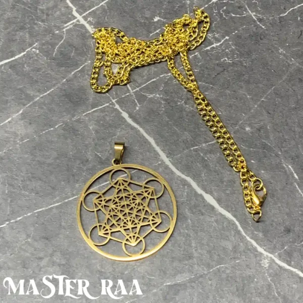 Sacred Geometry Gold Pendant Necklace laid flat – geometric charm