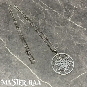 Sacred Geometry Pendant in silver tone laid flat
