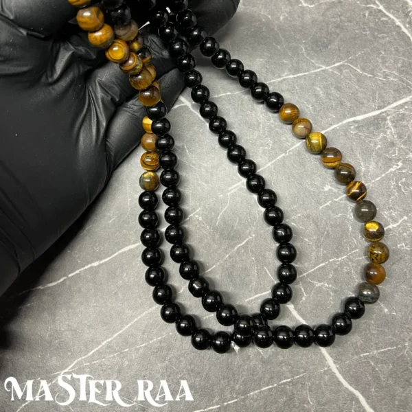 Tigers Eye & Onyx Beaded Over The Head Necklace Held in Hand