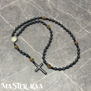 Tigers Eye and Volcanic Rock Cross Pendant Necklace laid flat – full product view
