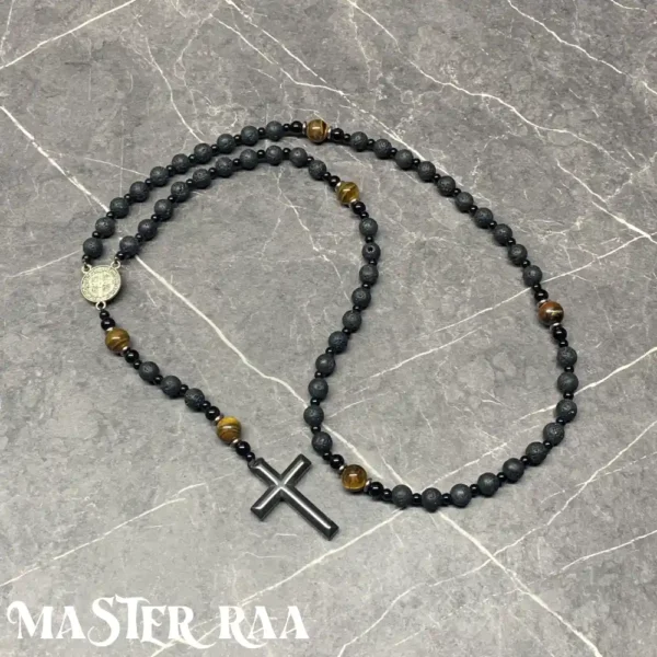 Tigers Eye and Volcanic Rock Cross Pendant Necklace laid flat – full product view