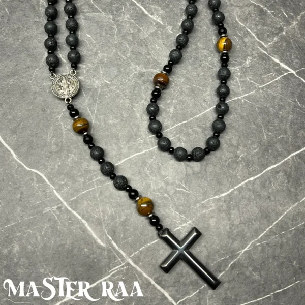 Tigers Eye and Volcanic Rock Cross Pendant Necklace partial view laid flat