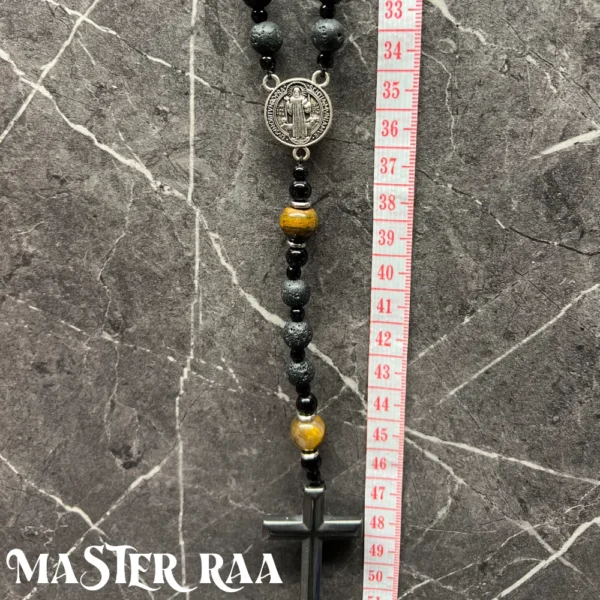 Tigers Eye and Volcanic Rock Cross Pendant Necklace close-up with ruler for size reference
