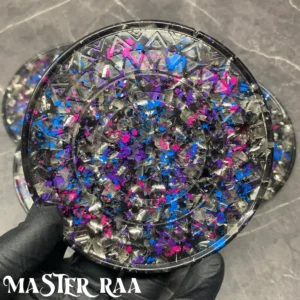 Top-down image of a circular orgone energy coaster featuring sacred geometry design.